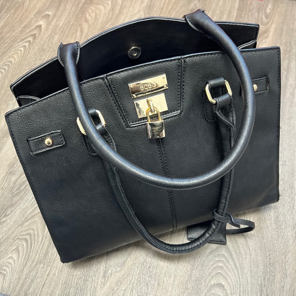 BCBG Black‎ Satchel Handbag Lock Accent Gold Hardware Work Bag